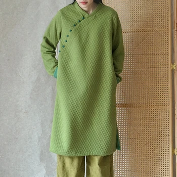 Johnature Moterų Žalia Kinų Stiliaus Suknelės Stovėti Mygtuką Ilgomis Rankovėmis, Šiltas Mantijas Mygtuką 2023 M. Rudenį Naujų Tirštėti Moteriška Suknelė