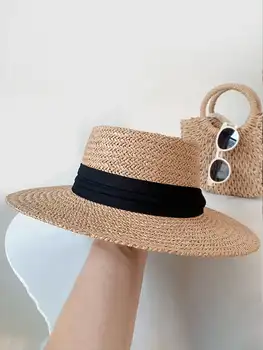 NAUJA Vasaros Skrybėlės Moterims Saulės Skrybėlę Paplūdimio Ponios Mados Butas Bowknot Panama Panele Laisvalaikio Saulės, Skrybėlės Moterims Šiaudų Skrybėlę