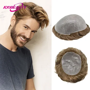 Vyrai Kapiliarų Protezavimas Toupee Vloop Hairpiece Plonas PU 0.2-0.3 mm Žmogaus Plaukų Perukas Banga Tiesiai Indijos Remy Plaukų Sistema Gamtinės