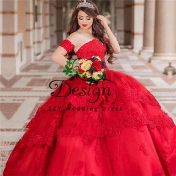 Puikios Raudonos spalvos Tiulio Brangioji Iškirpte Nėrinių Appliqued Duobute Blizgančiais Nėriniai -Up Kamuolys Suknelė Vestidos de 15 Anos Quinceanera Suknelę