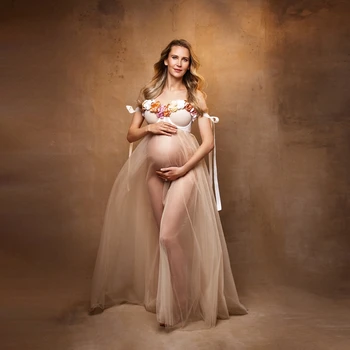 Matyti Per Tiulio Motinystės Suknelės Už Nuotrauką Šaudyti Gana 3D Gėlių Linija Nėštumo Chalatai Smėlio Brangioji Nėščių Moterų Suknelė