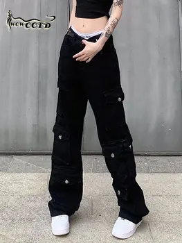 WOWOOTD y2k Hip-Hop Streetwear Baggy Ziajać Goth Estetinės Moterų Cargo Džinsai Mažas Juosmens Atsitiktinis korėjos Mados Juodos Džinsinio audinio Kelnės