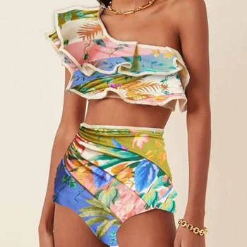 Vieno Peties Susiėmę Colorblock Spausdinti Bikini Moterų Tvarstis maudymosi kostiumėlį Bikini Komplektas Brazilijos Spausdinti Gėlių Kaklaraištis Dažų Apatiniai, Liemenėlė