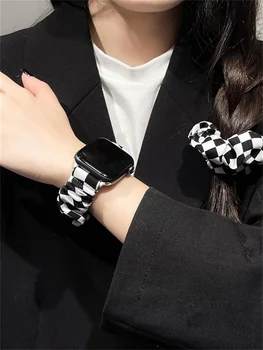 Retro Korėja Šaškių Plaukų Žiedas Diržu, Apple Watch Band 45mm 41mm 44mm 42mm 38mm 40mm Watchband iwatch 7 6 5 SE 4 3 2 1
