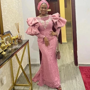 Elegantiška Rausvos Spalvos Nėrinių Vakaro Suknelės Aso Ebi Nigerijos Moterų Oficialų Prom Šalis, Chalatai Visą Ilgomis Rankovėmis 2023 Vestuvių Fiesta 