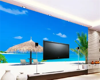 Wellyu Užsakymą tapetai pajūrio paplūdimio šiaudiniu skėčiu, kokoso medžio mėlynas dangus ir balti debesys fone sienos freskos behang