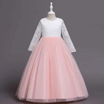 Baltos spalvos Nėrinių ilgomis rankovėmis Rožinės spalvos Tiulio Gėlių Mergaičių Suknelės Mados Konkurso Suknelės, Komunijos Suknelės Mergaitėms