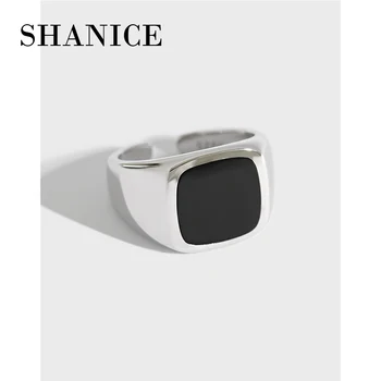 SHANICE S925 Sterlingas Sidabro Atidaryti Žiedai Paprastų Geometrinių Aikštėje, Juoda Klijai Žiedas Moterims Moteriški Mergina Pirštu Bague Fine Jewelry