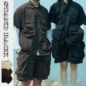 Japonijos Lauko Funkcinės Multi Pocket Darbo Dėvėti Trumpas Rankovės Marškinėliai Vyrų ir Moterų Prarasti Atsitiktinis Polo Marškinėliai, Kailio