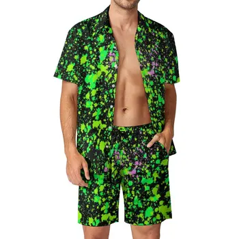 Žalia Neoninė Dažų Atostogų Vyrų Rinkiniai Abstraktus Menas Spausdinti Atsitiktinis Marškinėliai Nustatyti Vasaros Šortai 2 Gabalas Naujovė Kostiumas Didelis Dydis
