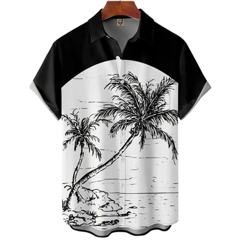 2023 Marškinėliai Vyrams Havajų Kokoso Medžio Spausdinti vyriški Marškinėliai Mados trumpomis Rankovėmis Viršūnes marškinėliai Apykaklės, Mygtuką Vyrų Drabužiai Palaidinė
