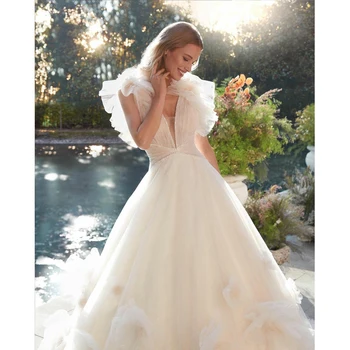 Puikus Puošnus Ilgas Vestuvių Suknelės 3D Gėlės Kristalų Appliques Vakare Chalatai V-Kaklo-Line Šalis Suknelė Proga Oficialų Suknelė