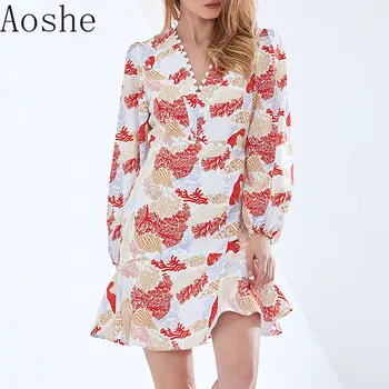 Aoshe Pavasarį, Vasarą, Naujos Moterų Mados Resort Spausdinti Trumpos Suknelės V-kaklo Aukštos Juosmens Temperamentas Slim-line Lady Suknelė