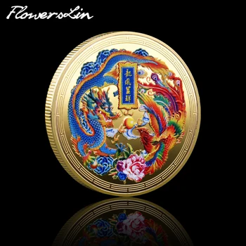 Simbolizuoja Laimę Laimingas Drakonas ir Feniksas Progines monetas, Kinijos Charakteristika Dažytos Kolekcijos Moneta