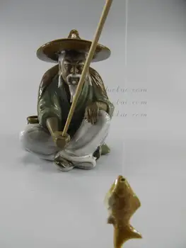 Apdailos Kinų porceliano Hubby eina žvejybos Statula Keramikos Paveikslas---Shiwan Krosnies