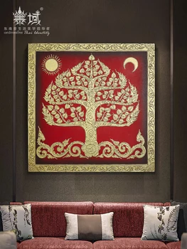 Pudi medžio aukso folija tapyba turtinga medžių kabo tapybos Pietryčių Azijos stiliaus įėjimas, veranda fone, sienų apdaila dažymas