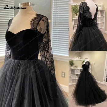 Juodos spalvos Gotikos Nėrinių Vestuvių Suknelės ilgomis Rankovėmis Valymo Traukinio Aksomo Vestuvinės Suknelės vestuvių suknelė plius dydis 2023 su rankovėmis