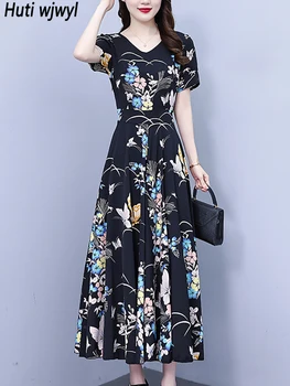2023 Juoda Gėlių Šifono Atsitiktinis Namų Suknelė Moterims Korėjos Derliaus Hepburn Šalies Vestidos Vasaros Trumpomis Rankovėmis V-Kaklo, Bodycon Suknelė