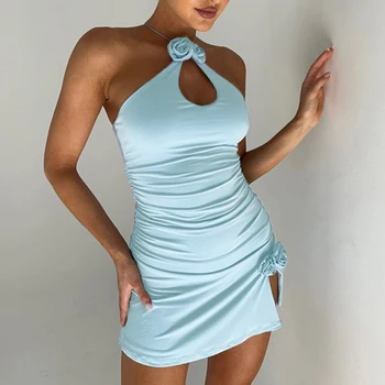 Moterų Sexy Slim Bandeau Sijonas Apynasrio Kaklo 3D Gėlių Dekoras Pusėje Ritininės Suknelė Y2K Vasaros Streetwear vientisa Spalva Kelionės Paplūdimio Suknelės