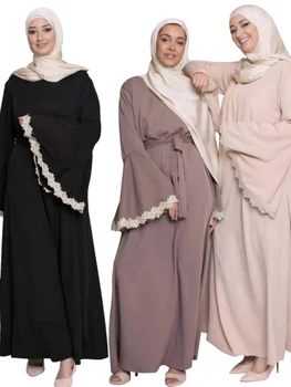 Ramadanas Moterų Musulmonų Nėrinių Kratinys Abayas Suknelės Dubajus Atsitiktinis Kaftan Tautinių Kostiumų Ilgos Rankovės Vientisos Spalvos Nida Skraiste