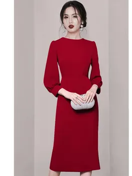 SMTHMA Rudenį korėjos Naujas Mados Elegantiškas Plonas Švelnus Stiliaus Pokylių Suknelė Moterų Derliaus Raudonos Suknelės Vestidos
