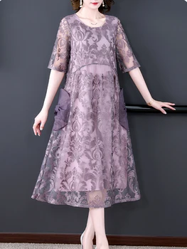 Moterų Violetinė Siuvinėjimo Kablys Gėlių Tuščiaviduriai Seksualus Midi Suknelė Vasaros Mados Šviesos Elegantiška Suknelė 2023 Korėjos Derliaus Prarasti Vestidos