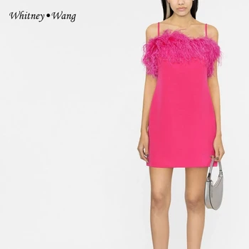 WHITNEY WANG Dizaineris Stiliaus 2023 Pavasario Mados Streetwear Nekilnojamojo Reljefiniai Stručio Plunksnų Spageti Dirželis Suknelė Moterims Dėvėti Šalis