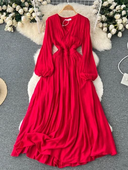 Moteris Raudona Ong Suknelė su V-kaklo Burbulas Rankovės Derliaus Suknelės 2023 Naujas Elegantiškas Ponios Bohemijos Plisuotos Ilgas Chalatas, Vestidos