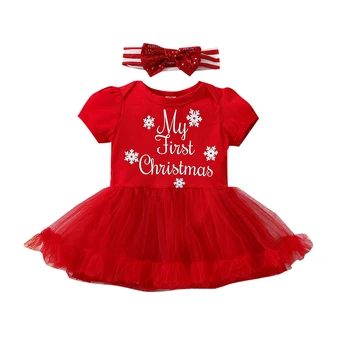 Kūdikiui Baby Girl Kalėdų Romper, Trumpomis Rankovėmis Apvalios Kaklo Laišką Snaigės Spausdinti Suknelė Jumpsuit + China Lankas Lankelis