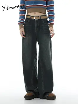 Yitimuceng Vintage Džinsai Moterims 2023 Naujas Mados Streetwear Baggy Jeans Moterų Prašmatnus High Waisted Džinsų Visas Ilgis Kelnės