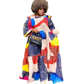 Vasaros Negabaritinių Spausdinimo Moterų Suknelė 2023 Velniop Kaklo Ruffles Ilgomis Rankovėmis Multicolors Modelis Švenčių Atsitiktinis Maxi Suknelės