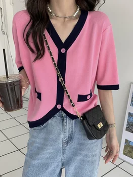 Korejepo Rose Pink Megzti Marškinėliai Ledo Šilko Moterų Vasaros Sesuo Prarasti Slim Paltai 2023 Deivė Švelnus Atsitiktinis Trumpomis Rankovėmis Viršūnes