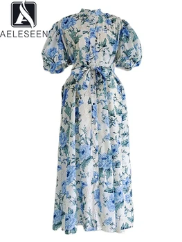 AELESEEN Dizainerio Mados Vasaros Suknelė Žibintų Rankovės Moterų Single-breasted Diržas Blue Gėlių Spausdinti Golfo Ilgas Šalis