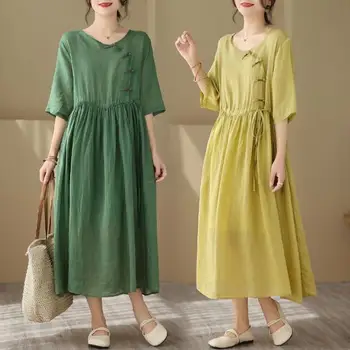 #3779 Vasaros Geltona Žalia Medvilnės, Lino Suknelė Moterims Kinijos Stilius Derliaus-line Suknelė Pusė Rankovių Aukštos Juosmens Ilga Suknelė Mygtukai