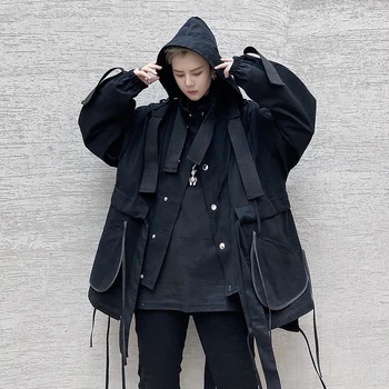 2020 metų Hip-Hop Techwear Žiemos Striukė Vyrų Juostelės Multi Kišenės Negabaritinių Kailis korėjos Stiliaus Streetwear Manteau Homme