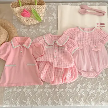 Kūdikio Rinkiniai Mergaitėms Lėlės Apykaklės Marškinėliai Pledas Šortai Mielas Romper Polo Suknelė Naujagimių Kostiumas 2023 Vasaros Bamblys Mados Komplektus