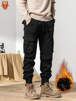 2023 Naujas Multi-Kišenės Žiemos Krovinių Kelnės Vyrams Vilnos Linijinės Storas Šiltas Slim Fit Poilsiu Streetwear Atsitiktinis Medvilnės Šiluminės Kelnės