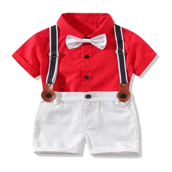 kūdikių džentelmenas drabužiai berniukui kostiumą, nustatyti baltos spalvos šortai + raudona marškinėliai 4 gabalus vaikas vestuvių suknelė tiktų berniukų drabužiai pavasarį ir rudenį