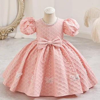 Bamblys Mergina Dress Teismas Stilius Derliaus Sluoksniuotos Rankovėmis Vestuvių Suknelė Karoliukai Gėlių Vaikai Šalis Nešioti Princesė Dress Baby Girl Suknelės