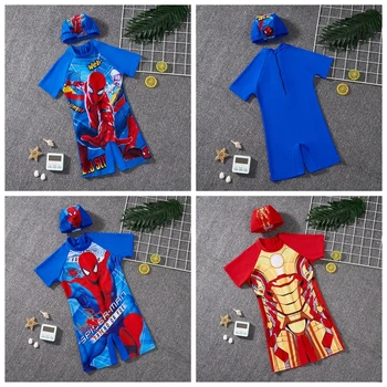 Vasaros Kūdikių Berniukų Animacinių filmų Spiderman Geležinis Žmogus Spausdinti Maudymosi Plaukimo vientisi maudymosi kostiumėlį + Kepurės Rinkiniai Paplūdimio Mergina Drabužius 2-8T
