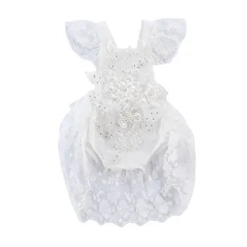 Kūdikiui Baby Girl Nėrinių 3D Gėlių Siuvinėjimas Pearl Saldus Princesė Romper, Balta Aikštėje Apykaklės Falbala Plaukioja Rankovės Jumpsuit