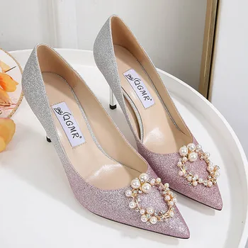 Vestuvių crystal Pearl siurbliai moterų gradiento spalvos pažymėjo tne vieną batai karoliukai princesė stiletto kulniukai batai woman2020