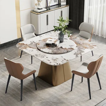 Italų stiliaus roko plokštė valgomasis stalas ir kėdės derinys, smulkūs namų apyvokos aikštė su patefonu marmuro apskritojo stalo