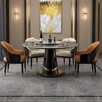 Italijos šviesos prabanga apskrito marmuro stalas ir kėdė dizaineris valgomasis stalas su patefonu
